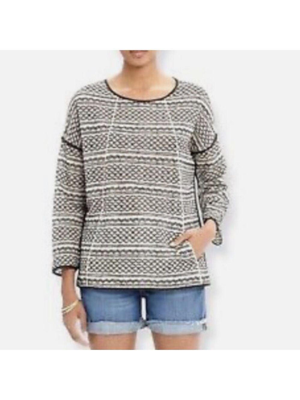 Madewell Tidal Wave Pullover Sweater Embroidered Jacquard Black Cream Top Medium - Picture 4 of 14